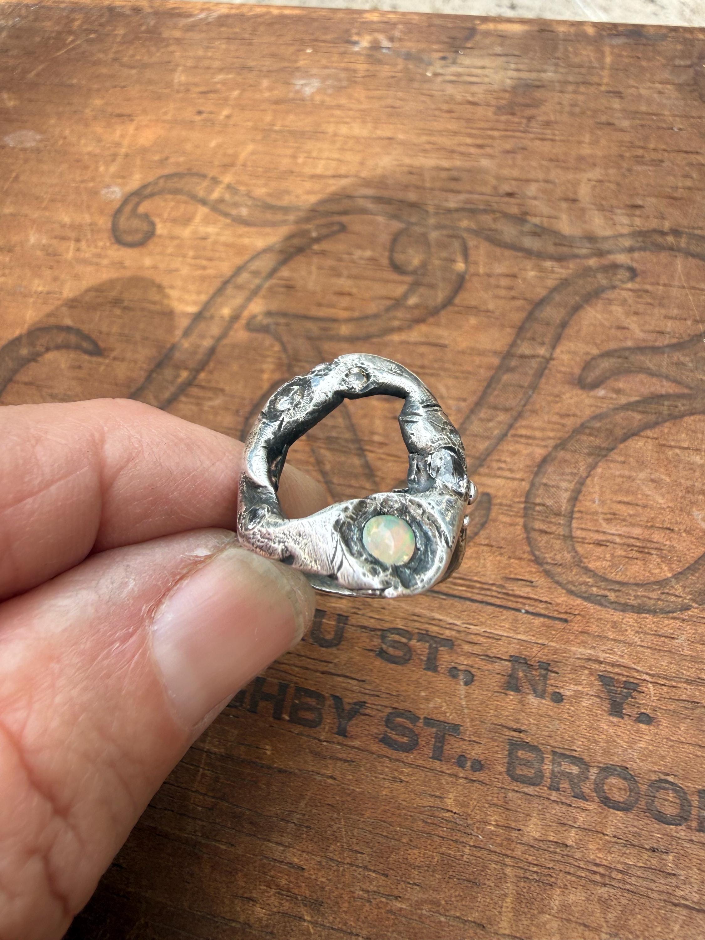 Fine & Sterling Silver Organic Pirate Ring with CZ’s and an Opal. Size 7.5