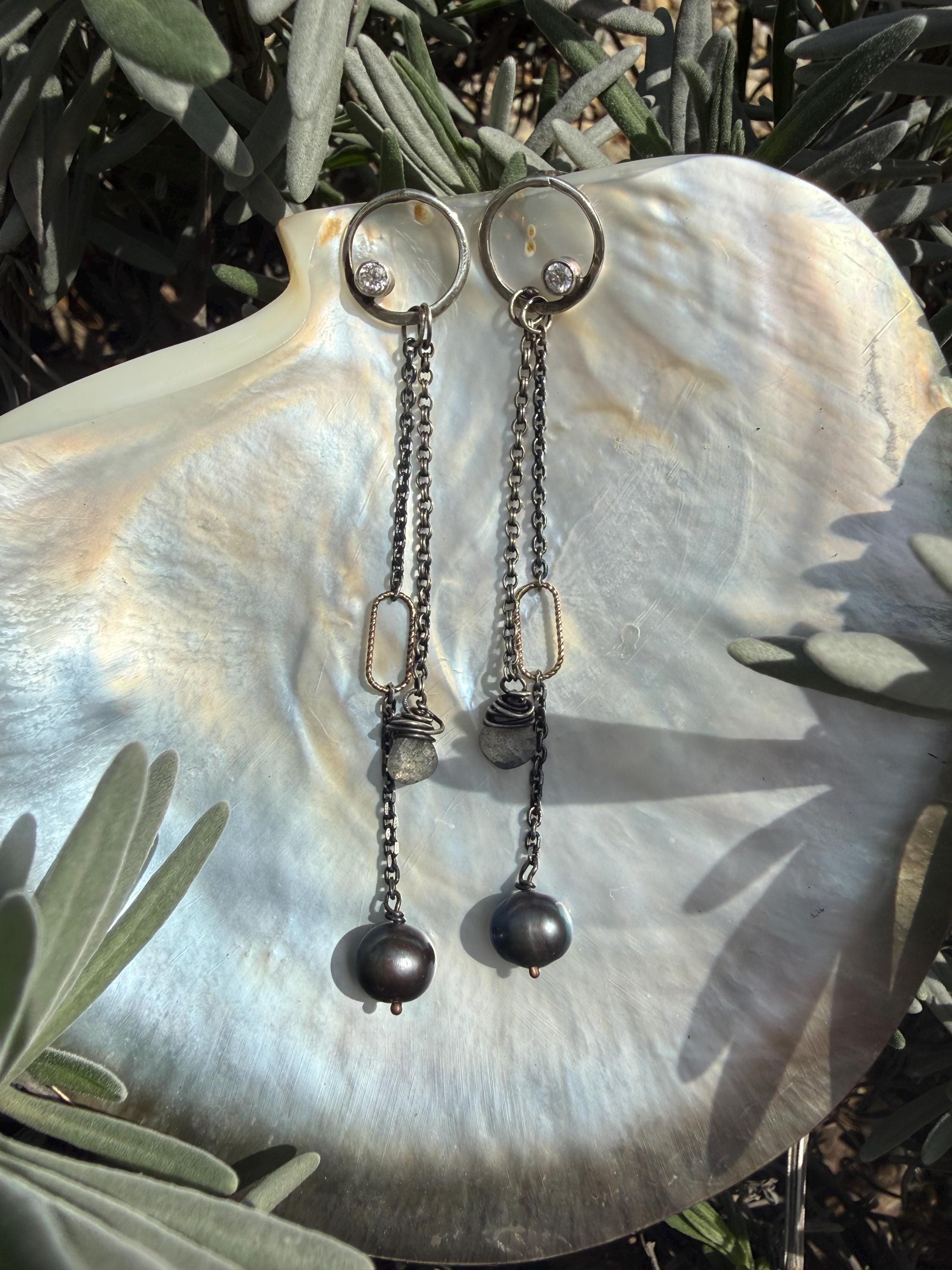 Hand-Forged Sterling Silver Earrings: Diamond, Black Pearl & Labradorite