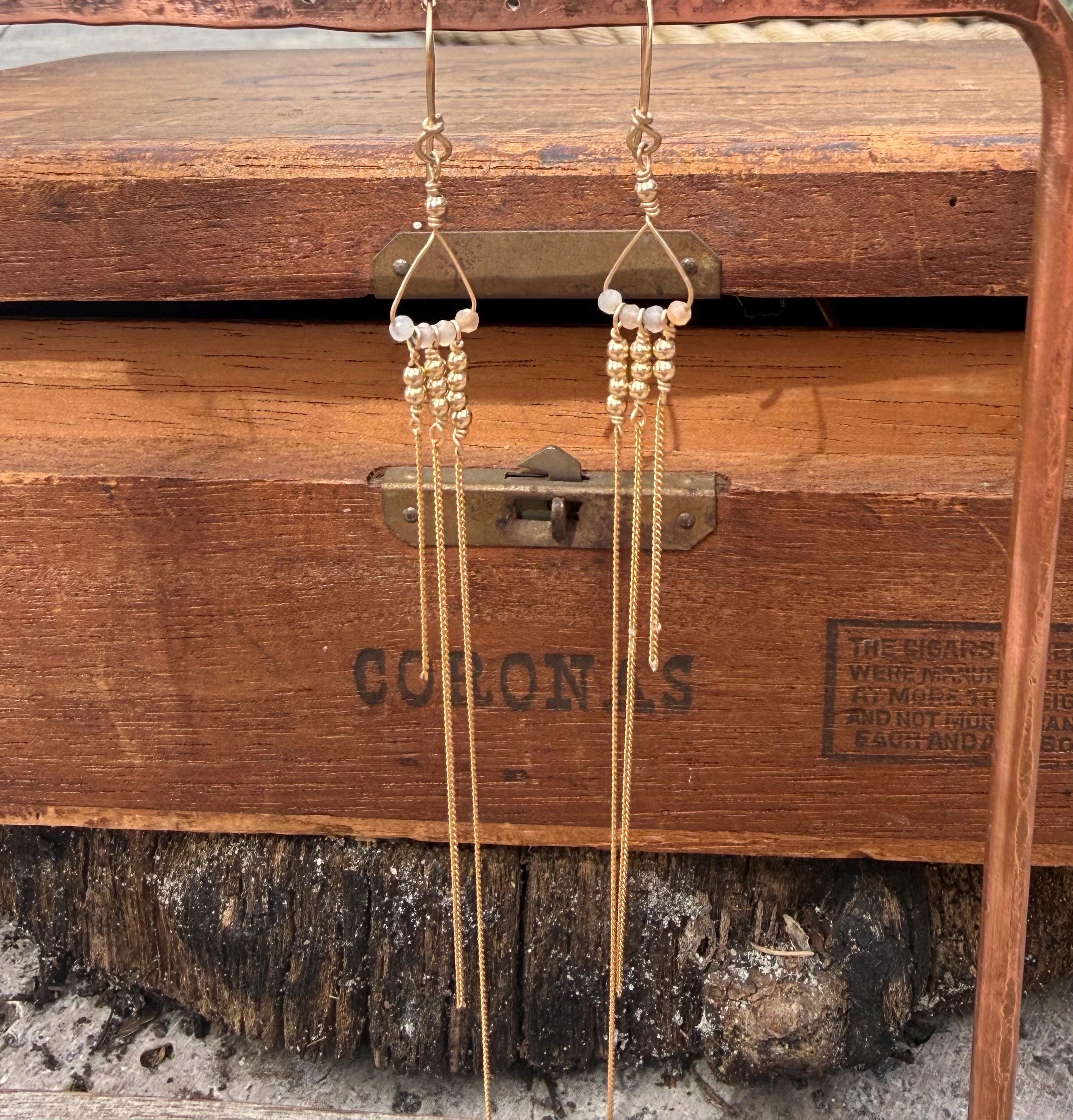 Peach Moonstone & Chain Extra Long Fringe Dangle Earrings in 14kgf, Handmade