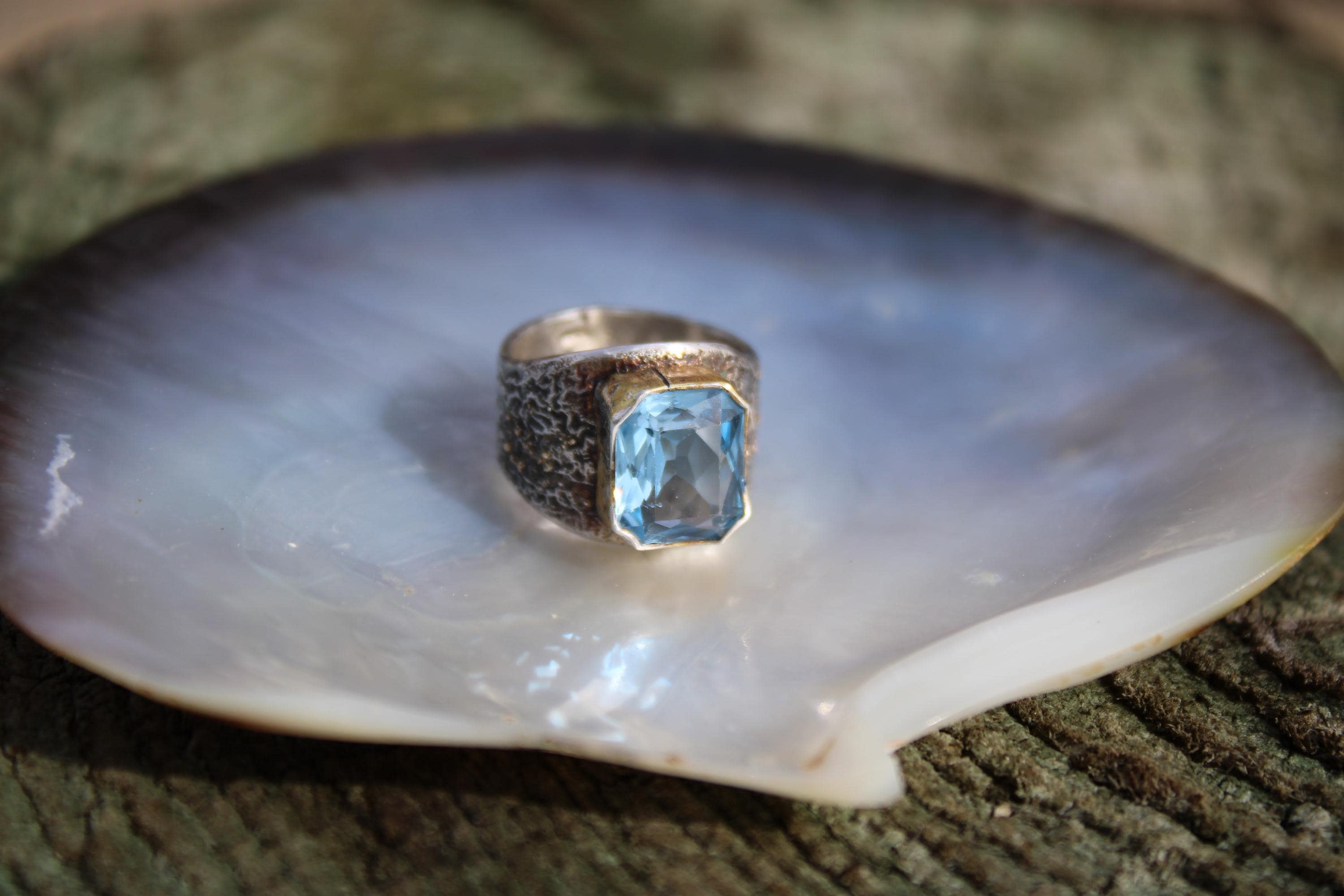 Gorgeous Vintage Blue Glass with Reticulated Sterling Galaxy Band with fused 14k gold and 22k bezel, size 7