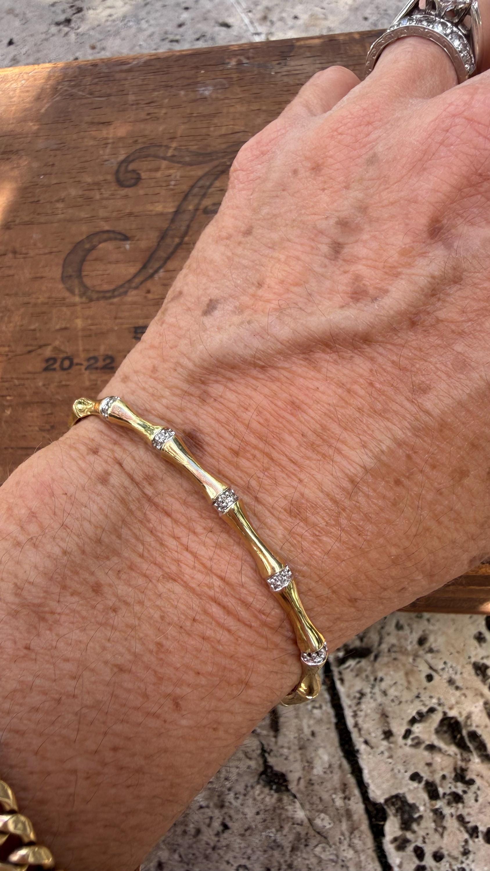 Vintage Gold Bamboo Bangle from UK in Yellow and White 9K Gold with Natural Diamonds, 6.4 grams.