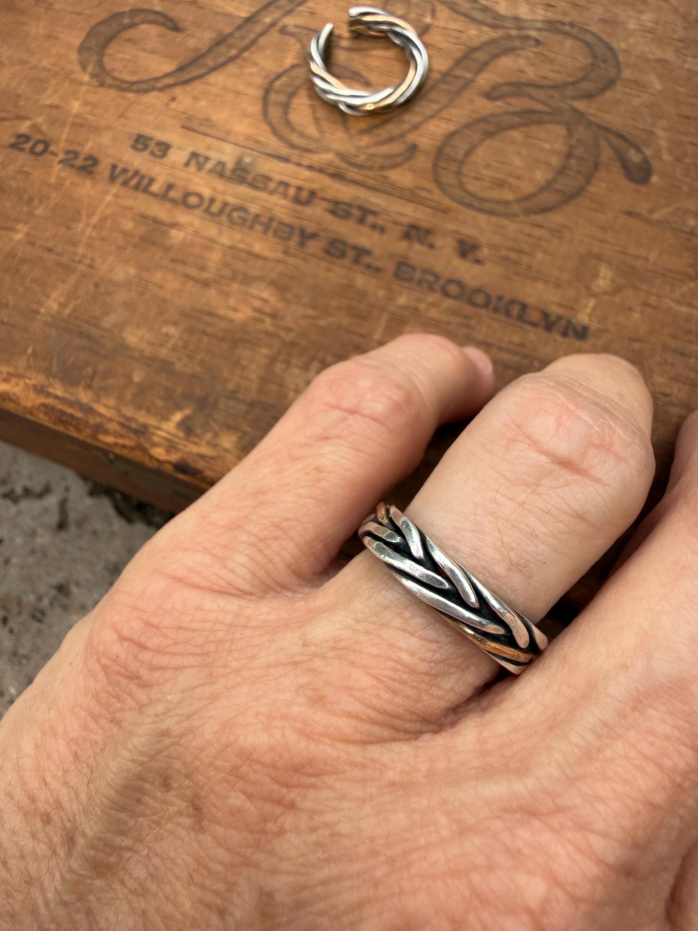 Fishtail Braided Rings with Sterling Silver & 14kgf, Adjustable.