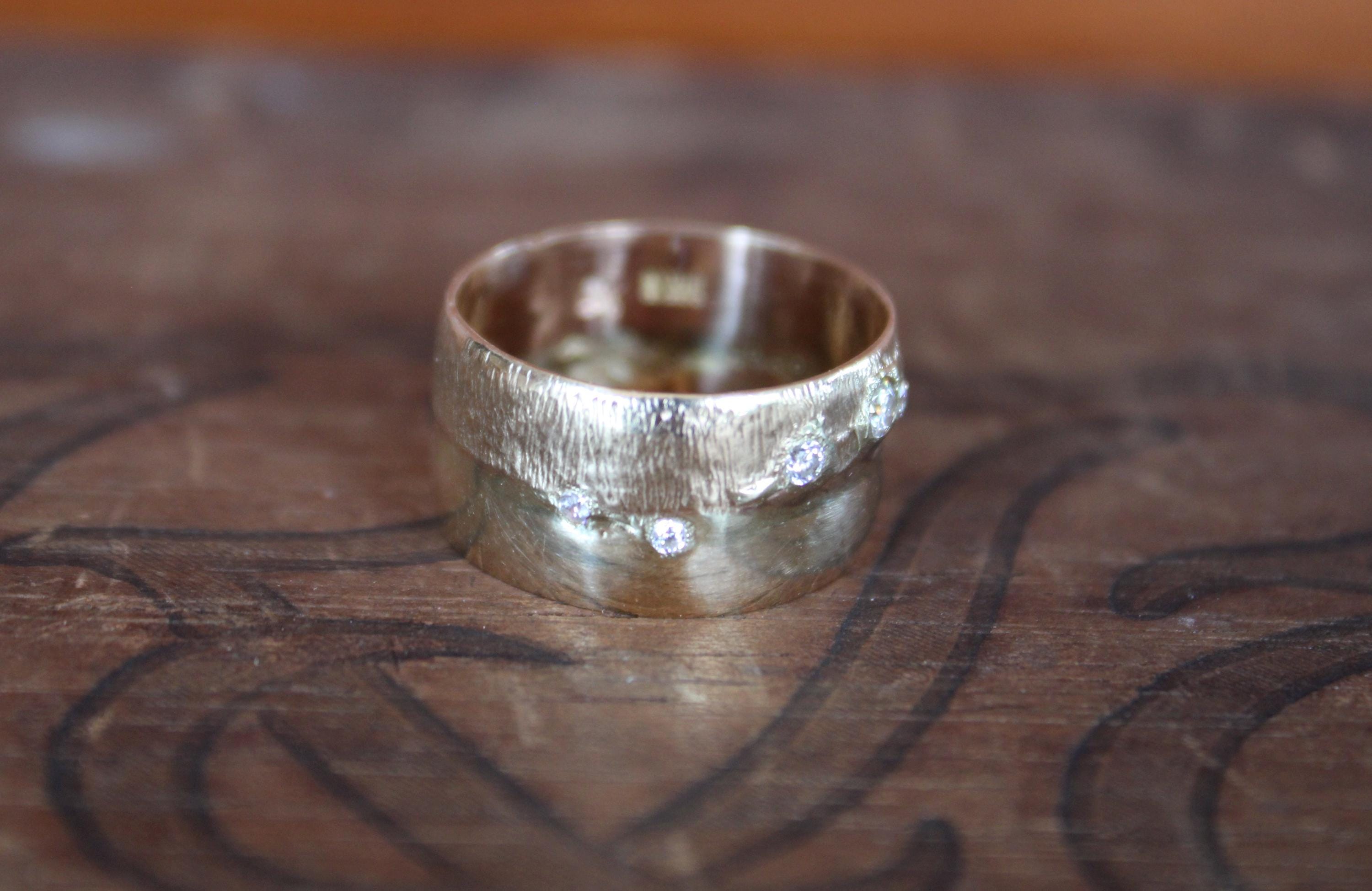Super Wide Vintage 14Kt Gold Band with Moissanite Diamonds, size 7.5