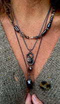 Hand-Sculpted Fine Silver Snake Pendant: Blue Tourmaline & Pearl, Sterling Chain