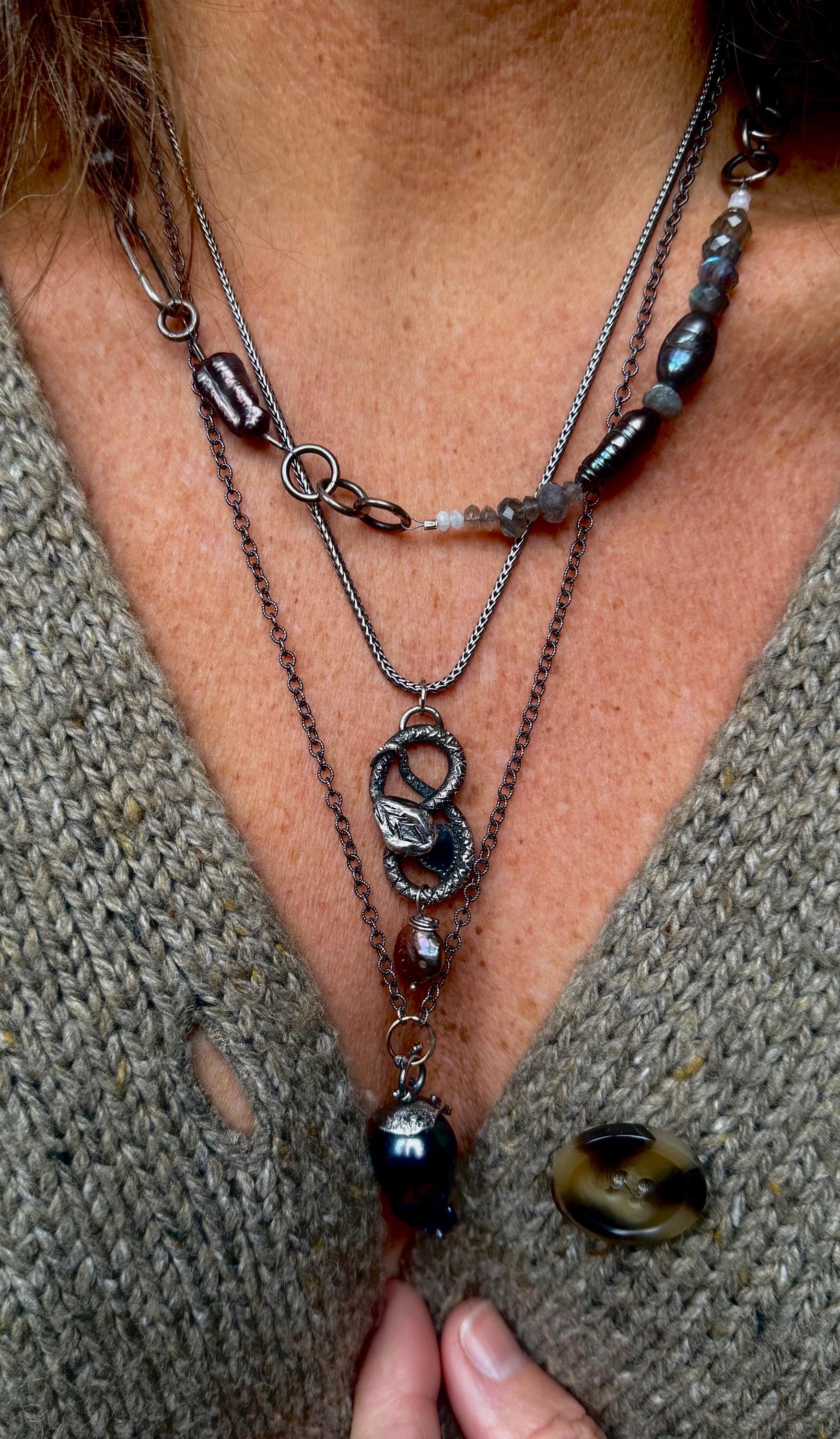 Hand-Sculpted Fine Silver Snake Pendant: Blue Tourmaline & Pearl, Sterling Chain