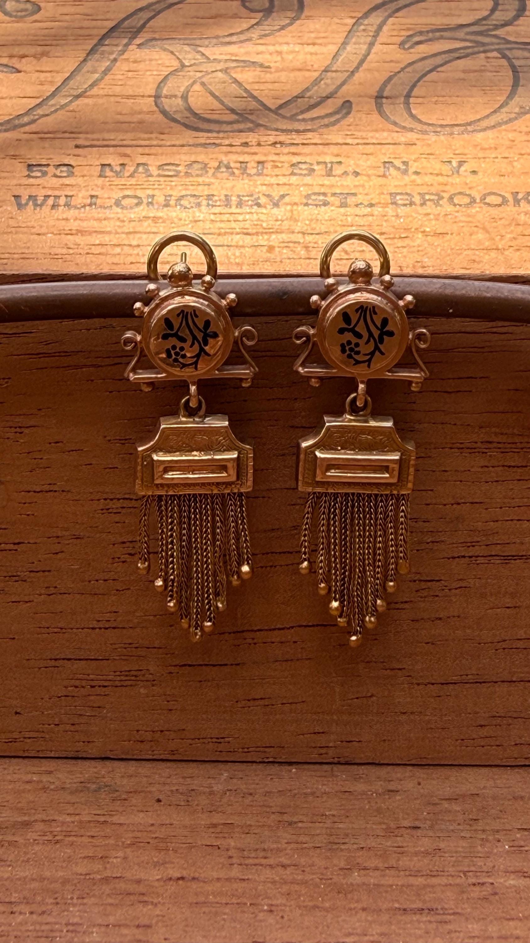 Antique Earrings Victorian Tassle with Black Enamel and 14K Yellow Gold