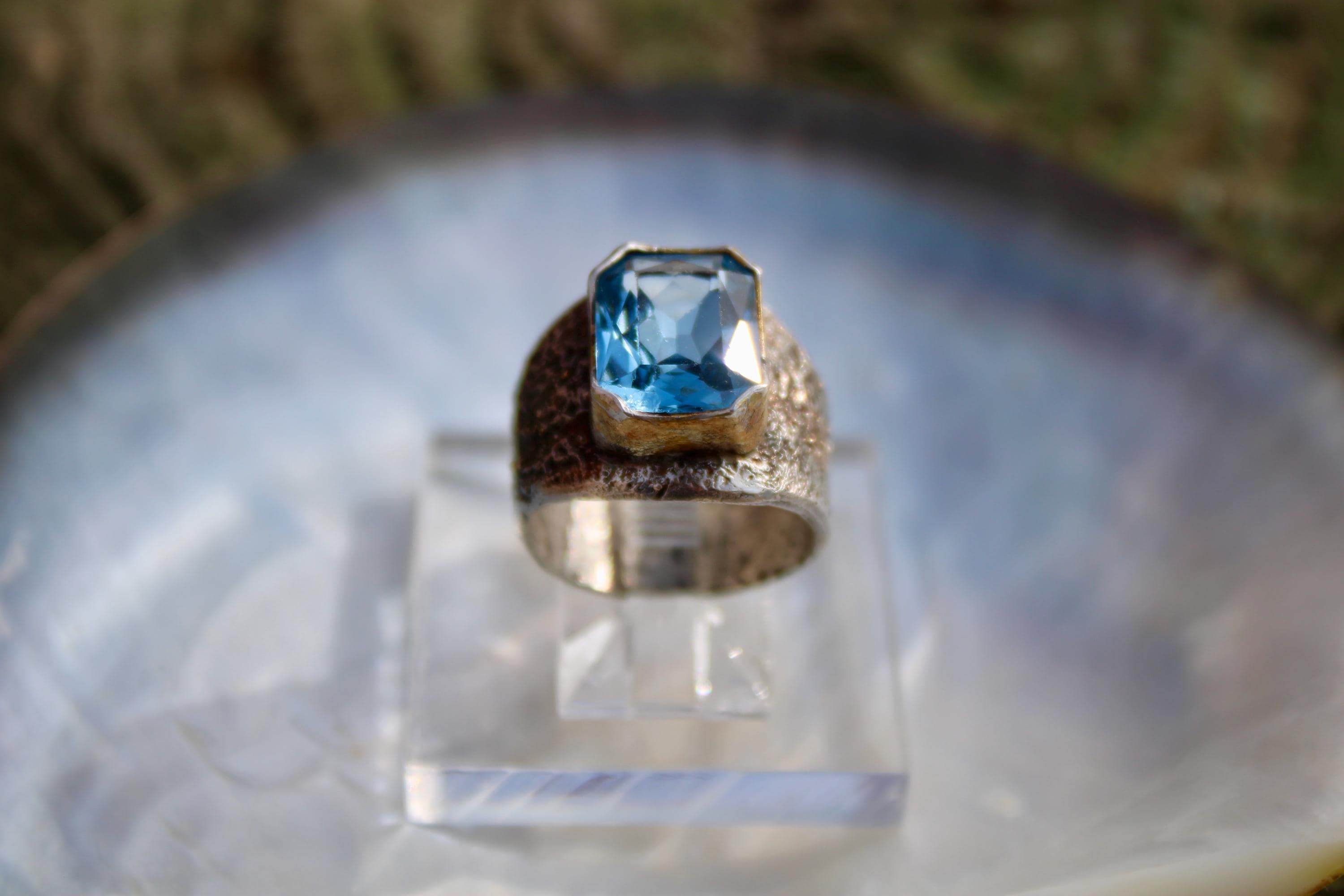 Gorgeous Vintage Blue Glass with Reticulated Sterling Galaxy Band with fused 14k gold and 22k bezel, size 7