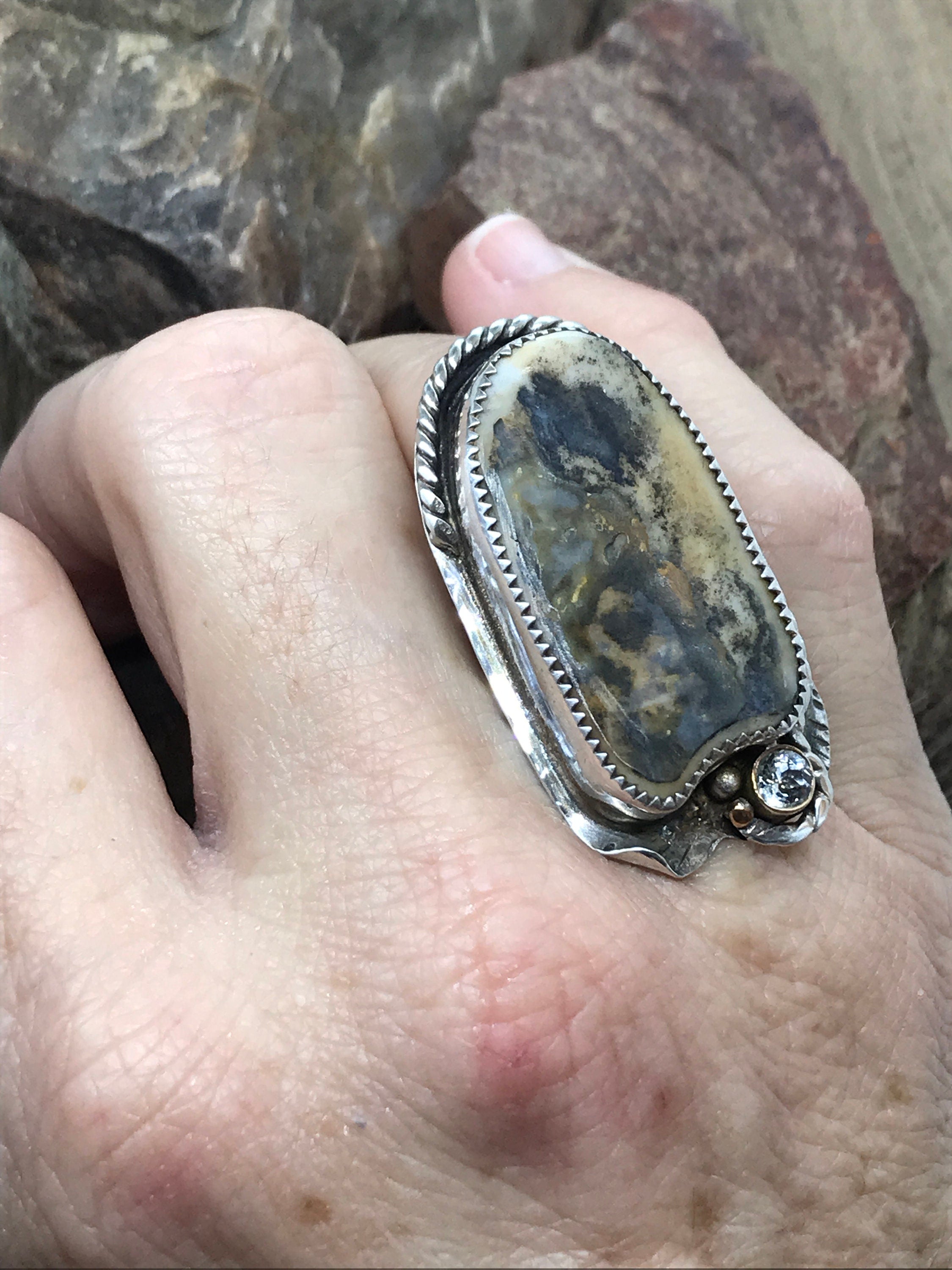 CLAM SHELL Ring Paired with a 5mm White Topaz, Handmade in Sterling and Fine Silver & 14KGF Accents
