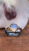 Fused Sterling Silver & 14K+22K Gold with  Flashing Tearsrop Moonstone and 2-2mm Diamonds.
