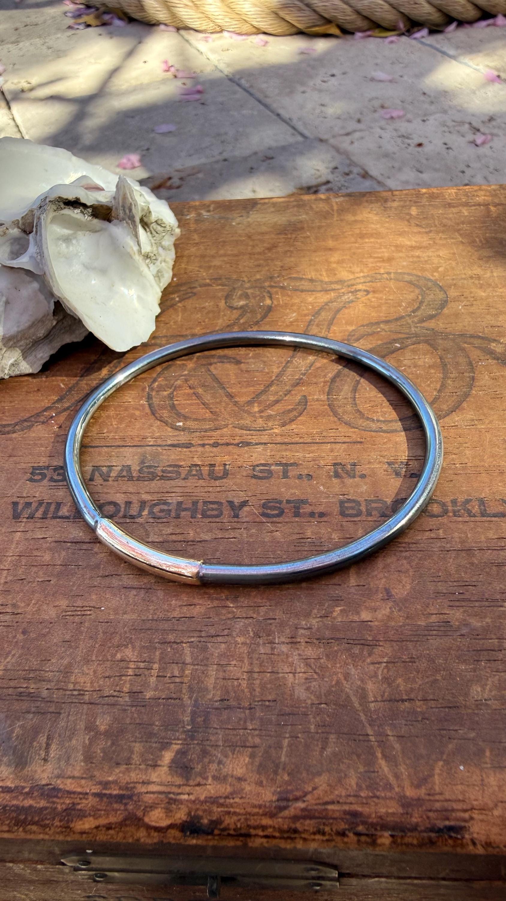Heavy Gauge Fused Blackened Sterling Silver and 14kgf Bangle Oval Bracelet, size 7.5