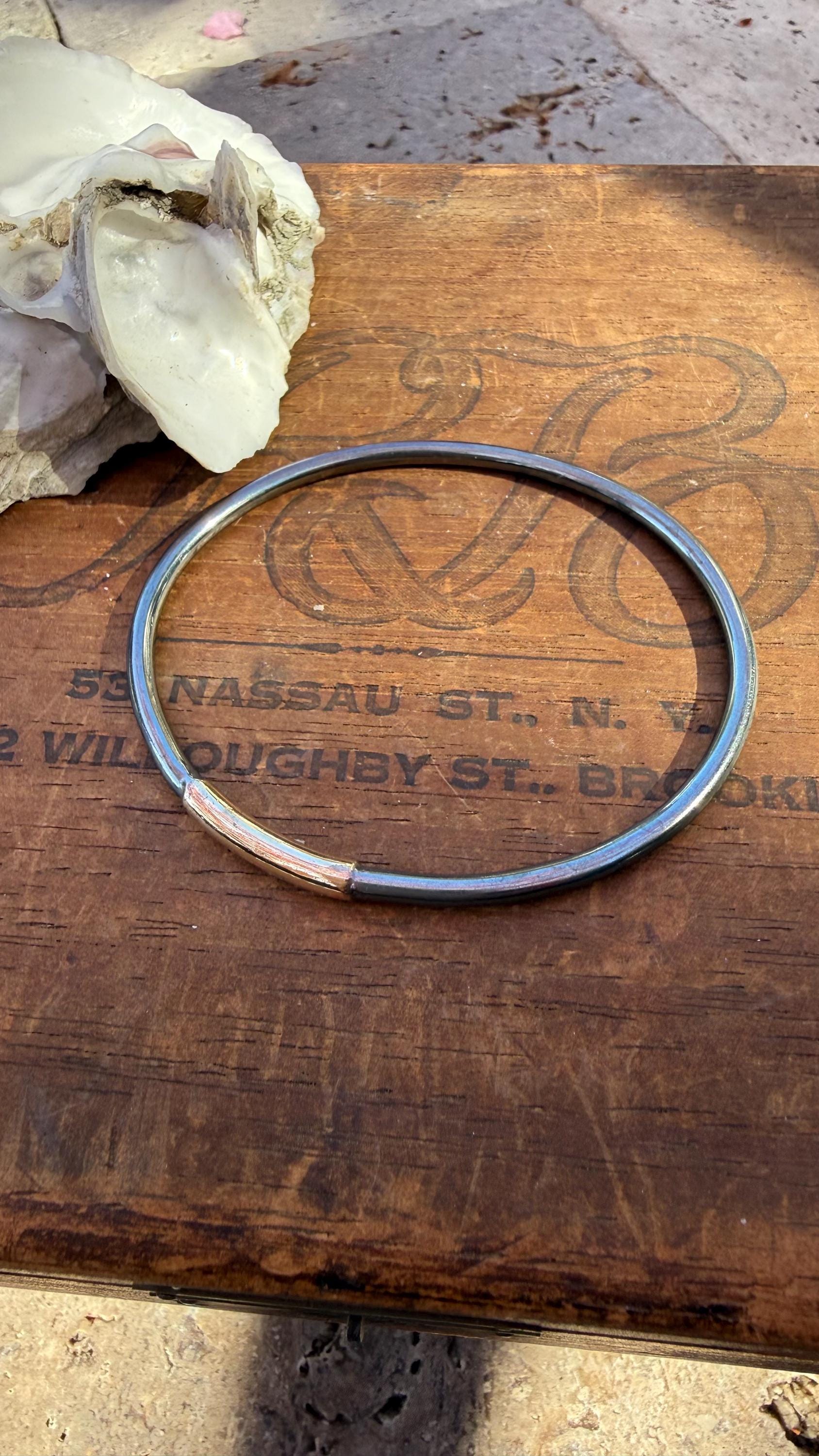 Heavy Gauge Fused Blackened Sterling Silver and 14kgf Bangle Oval Bracelet, size 7.5