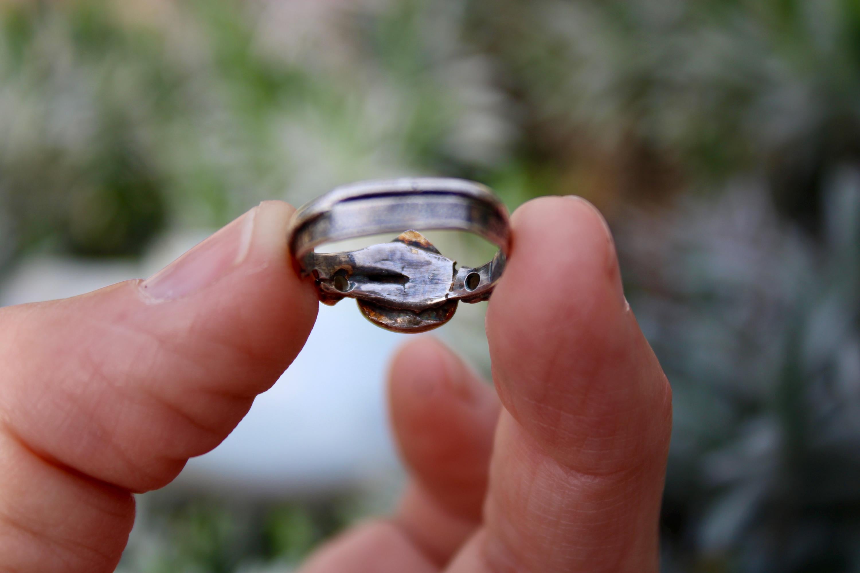 Fused Sterling Silver & 14K+22K Gold with  Flashing Tearsrop Moonstone and 2-2mm Diamonds.