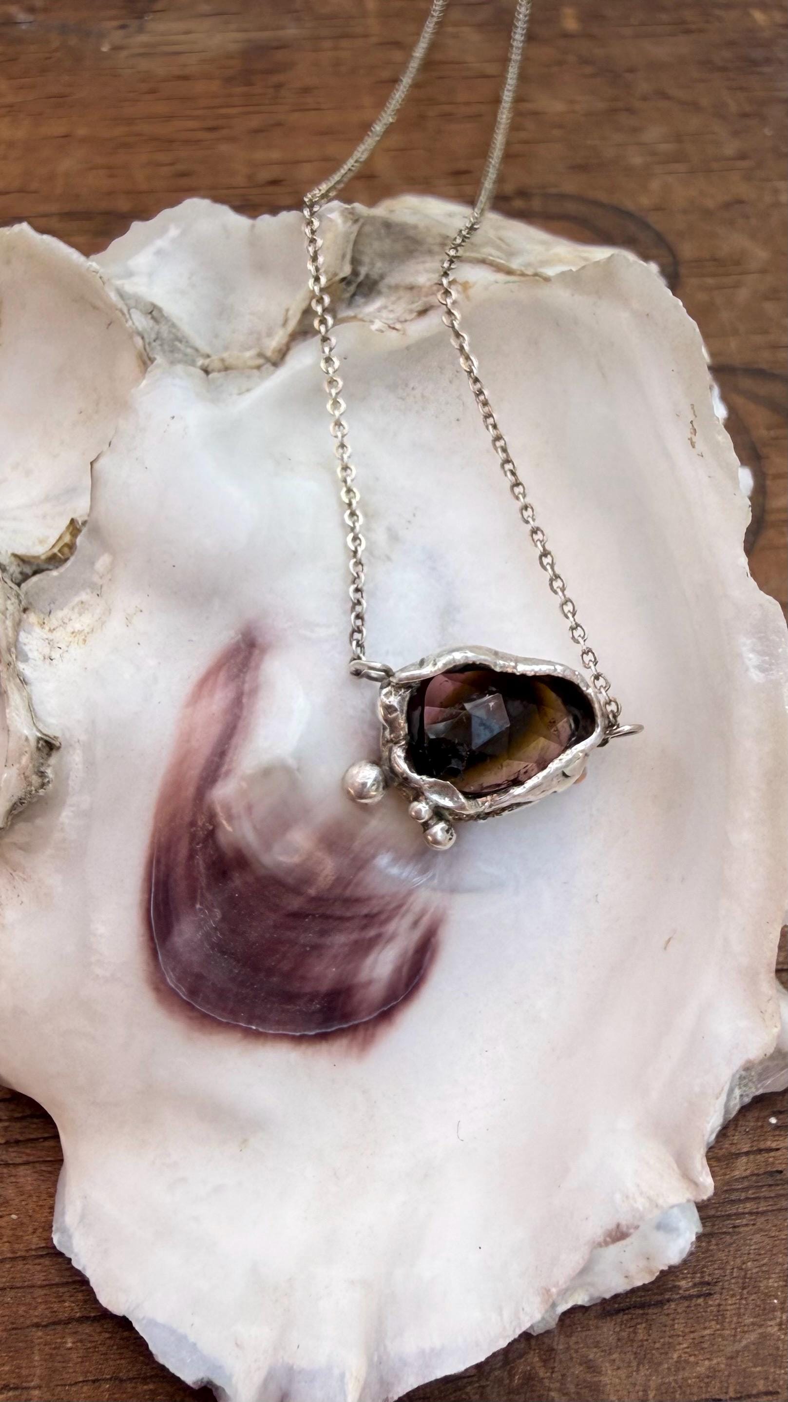 Watermelon Tourmaline Sterling Silver Necklace: Hand Sculpted Fine Silver & 14k Gold Detail