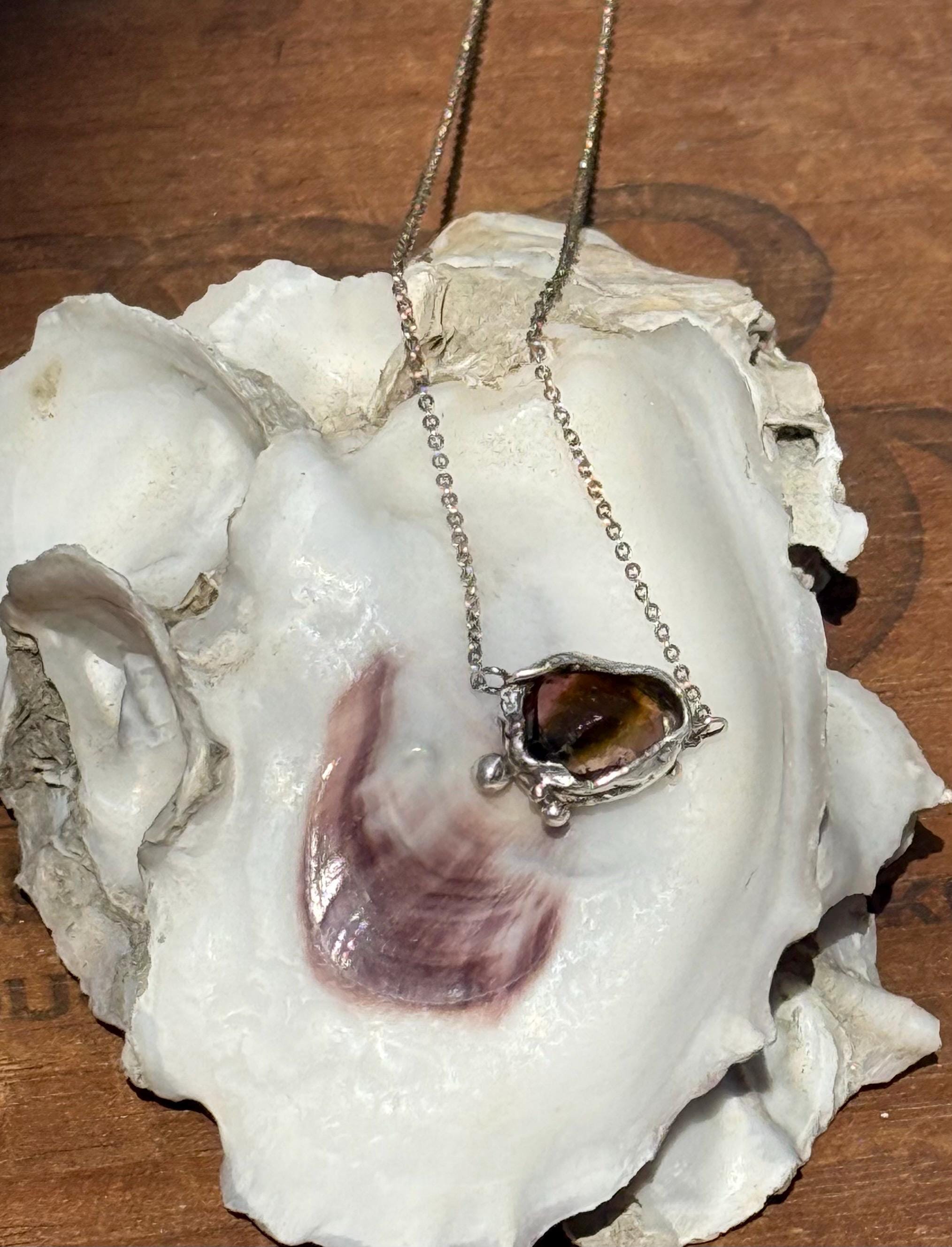 Watermelon Tourmaline Sterling Silver Necklace: Hand Sculpted Fine Silver & 14k Gold Detail