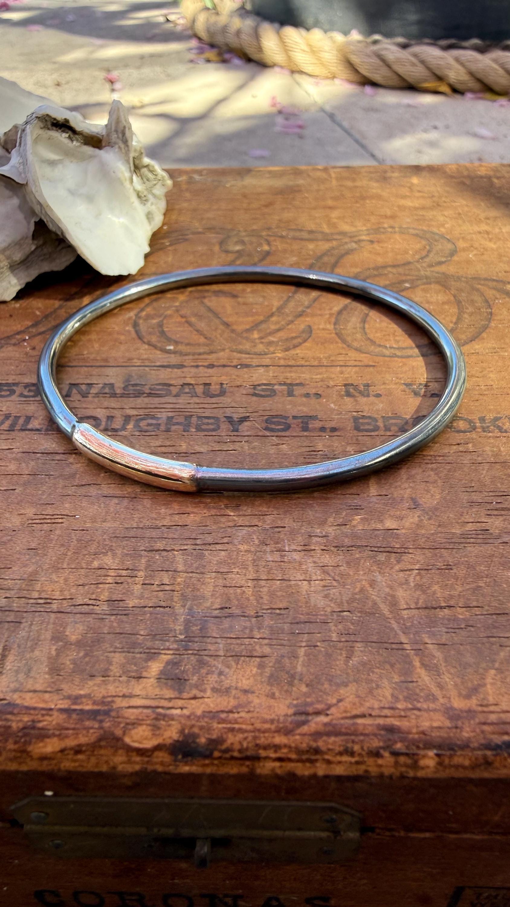 Heavy Gauge Fused Blackened Sterling Silver and 14kgf Bangle Oval Bracelet, size 7.5