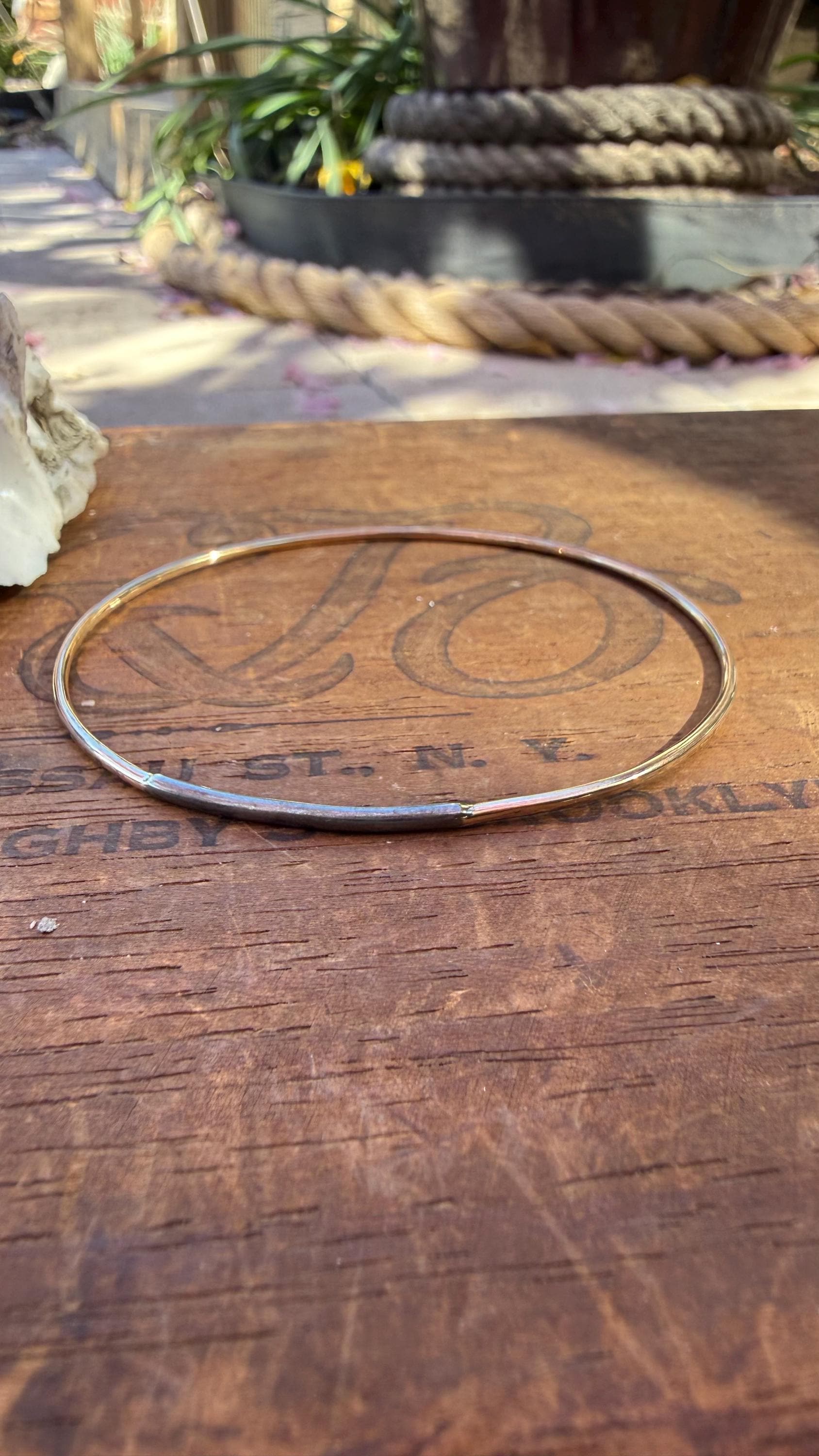 Thin Gauge Fused 14kgf and Blackened Sterling Silver Bangle Oval Bracelet; Size 7 1/2