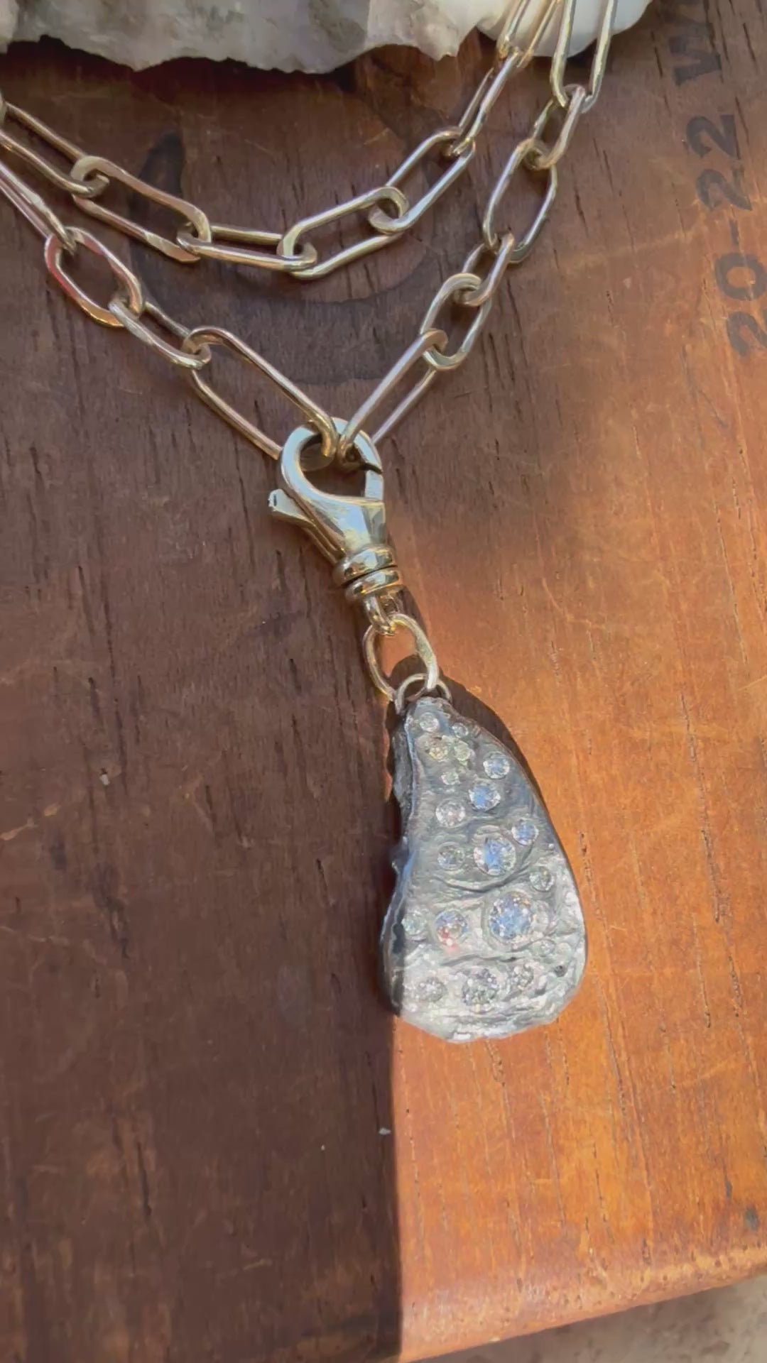 Diamond Encrusted Blackened Silver Oyster with 14K Gold Swivel Lobster Clasp and Hand-Formed Links;  18”
