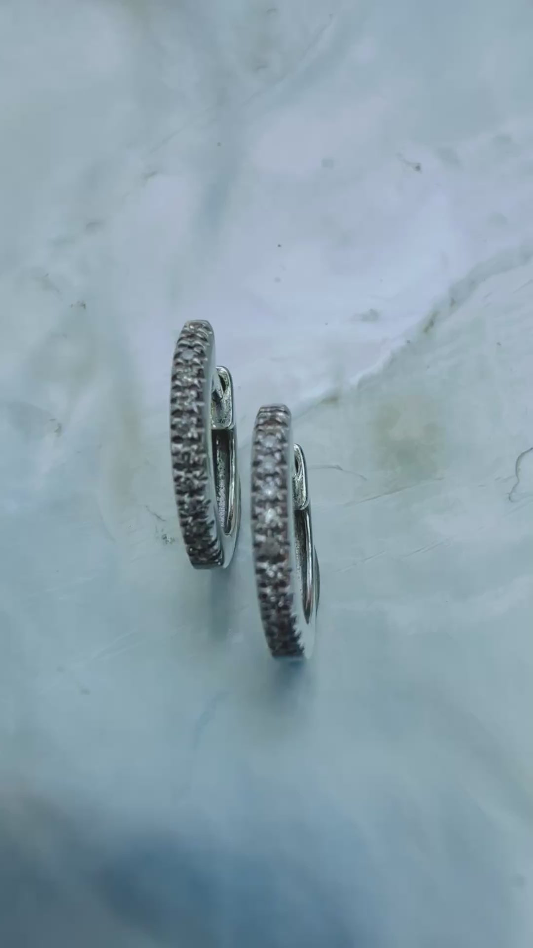 Vintage Natural Pave Diamond Huggies in 14k White Gold, Stackable or Stand Alone